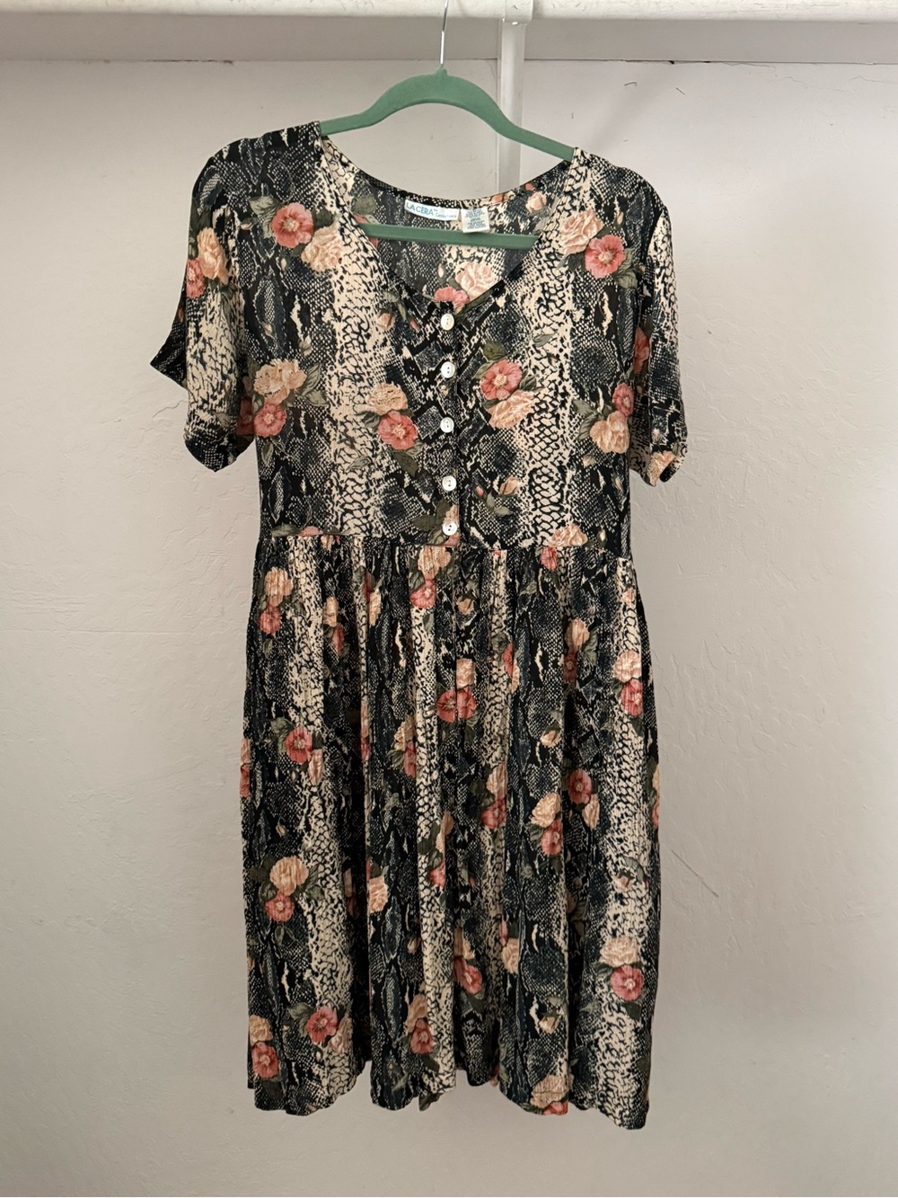 1990s La Cera Printed Crinkle Rayon Gauze Dress with Back Tie
